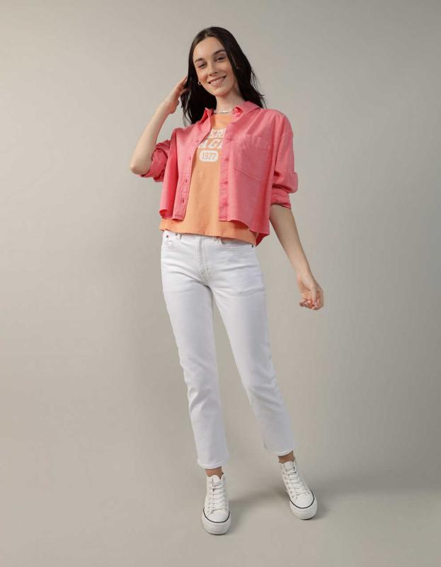 AE Cropped Button Up Shirt - Coral, M 