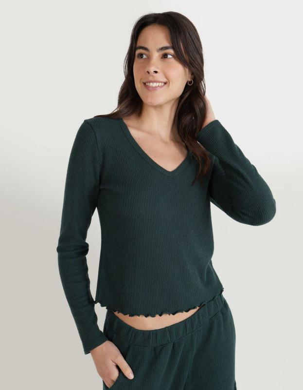 Aerie Waffle V Neck T-Shirt - Deep Forest Green, S 