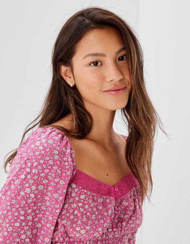 AE Long-Sleeve Smocked Blouse - Magenta, S 
