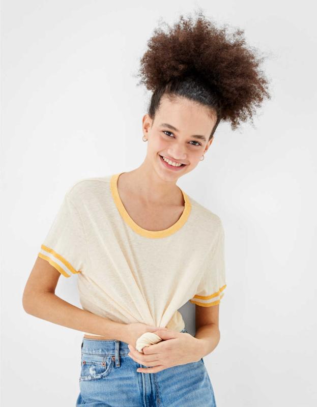 AE Crew Neck Ringer Tee - Yellow, M 