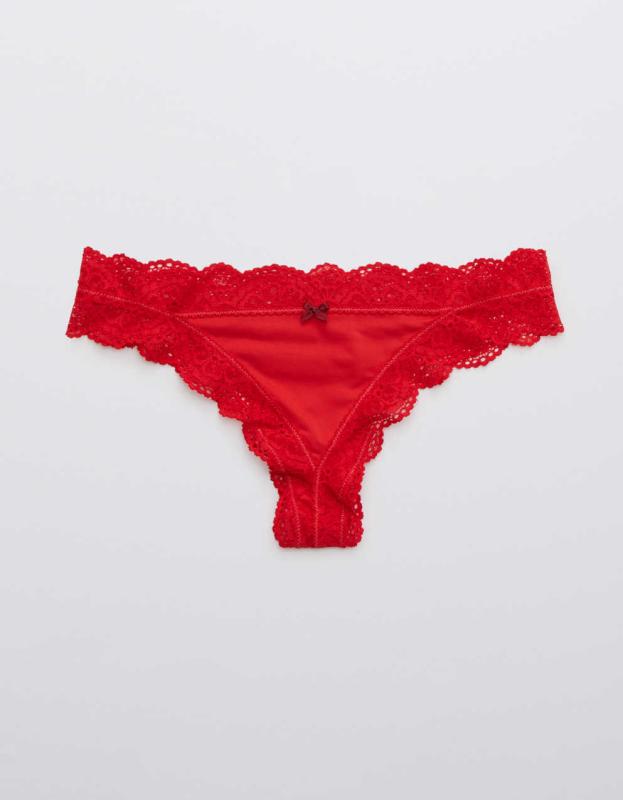 Aerie Slumber Party Lace Shine Thong Underwear - Chilly Red, L 