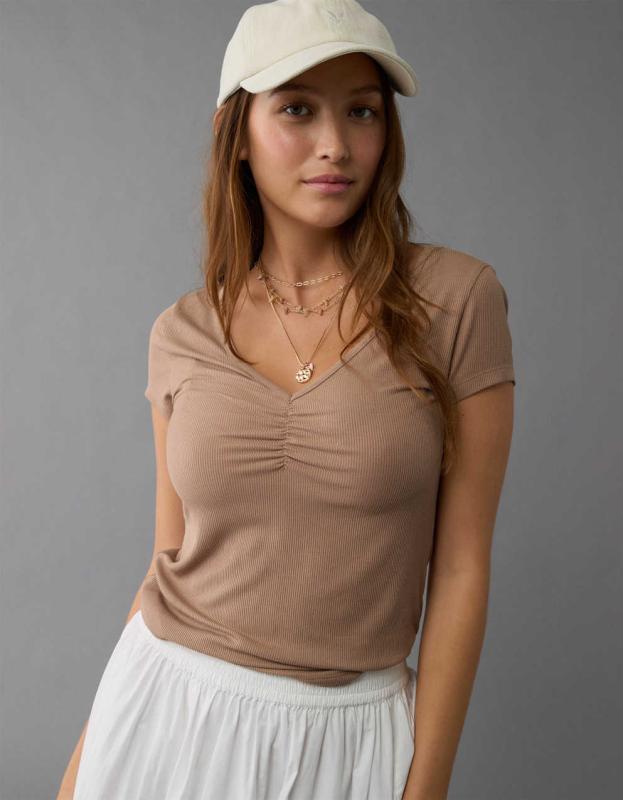 AE Soft & Sexy Cinch-Front T-Shirt - Brown, XXS 