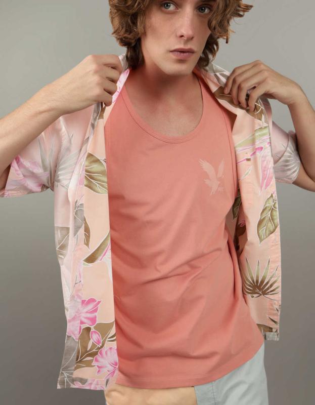 AE Floral Button-Up Poolside Shirt - Peach, XXL 