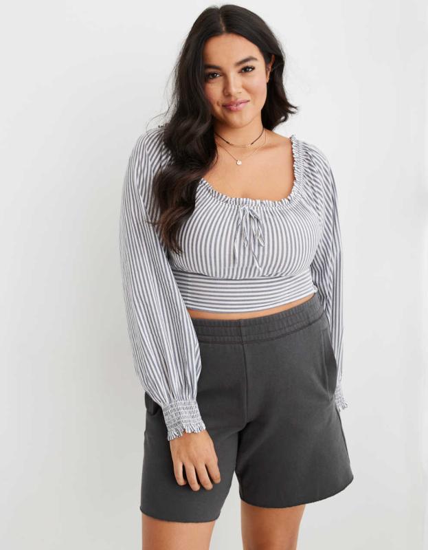 Aerie Woven Pretty Long Sleeve Top - Navy, L 