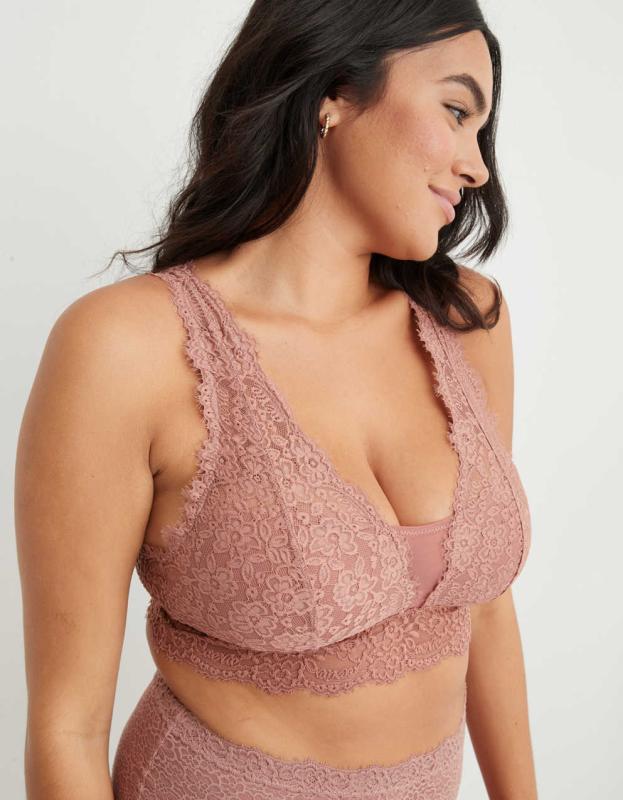 Aerie Eyelash Lace Padded Plunge Bralette - Meadow Bound, XS 