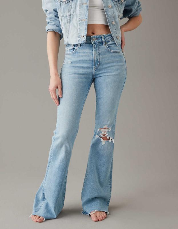 AE Next Level Ripped Super High-Waisted Flare Jean - Authentic Light, 8 