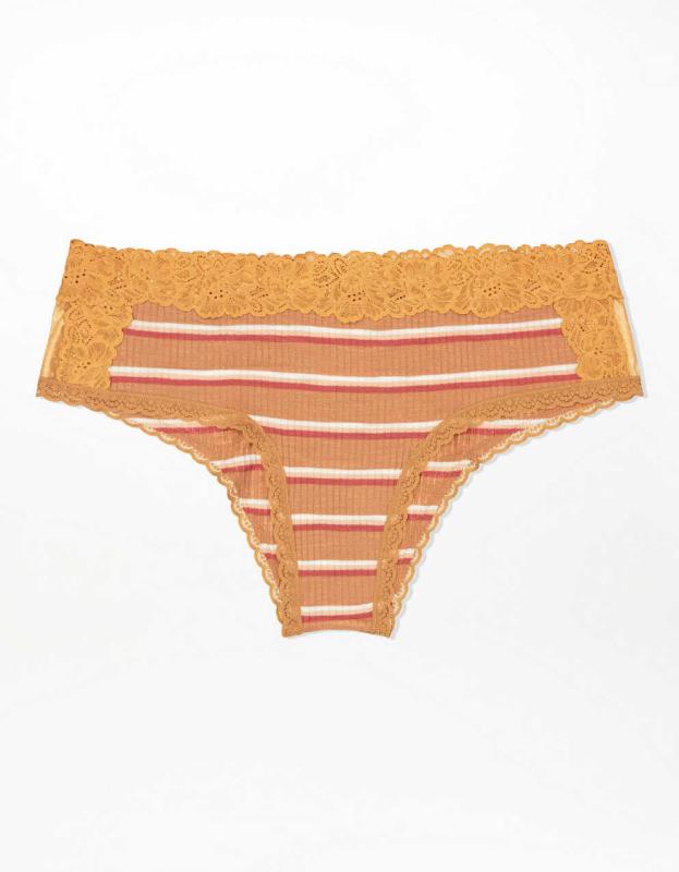 Aerie Ribbed Holiday Best Lace Cheeky Underwear - Hazel, XS 