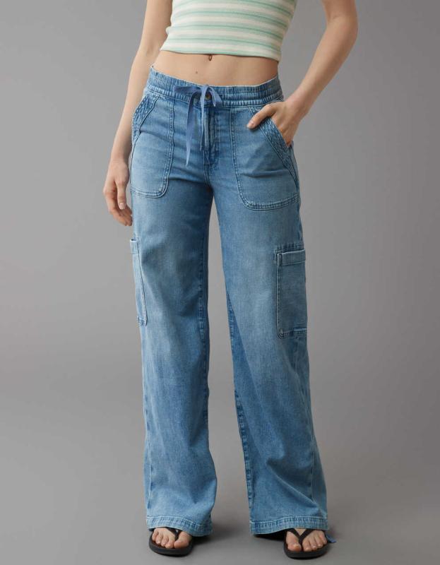 AE Dreamy Drape Stretch High-Waisted Baggy Cargo Jogger Jean - Glowing Light, 12 
