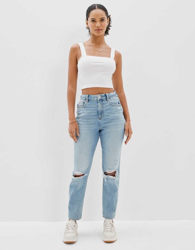 AE Stretch Ripped Curvy Mom Jean - Cool Classic, 4 