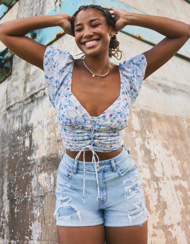 AE Flutter-Sleeve Corset Blouse - Light Blue, XS 