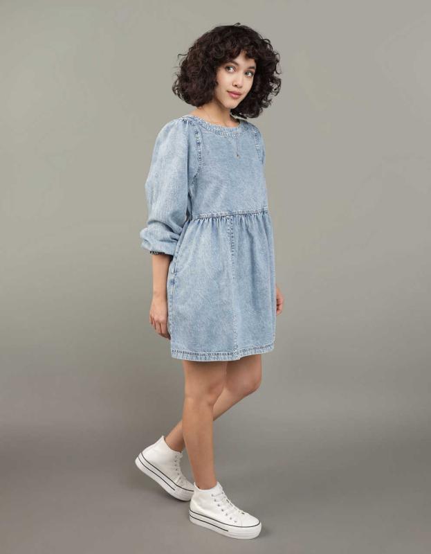 AE Long-Sleeve Denim Mini Dress - Blue, M 