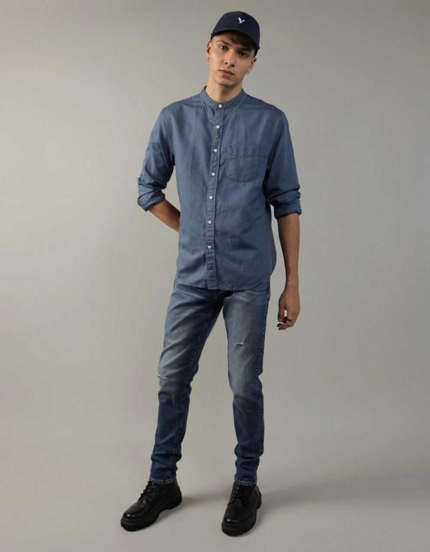 AE Band Collar Linen-Blend Button-Up Shirt - Rich Navy, XL 