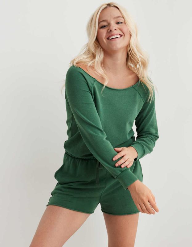 Aerie Fleece Long Sleeve Romper - Dark Algae, M 