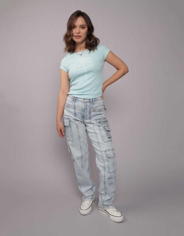 AE Stretch Super High-Waisted Baggy Straight Cargo Jean - Light Vintage, 8 