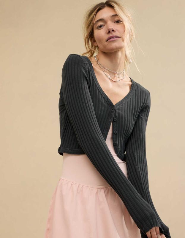 Aerie Cropped Ribbed Cardigan - Smoked Gray, XS 