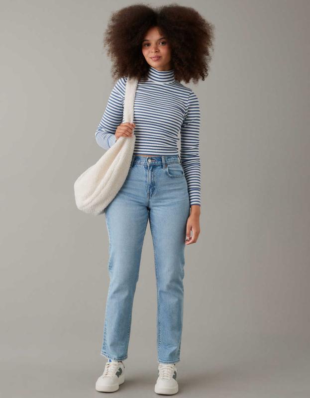 AE Long-Sleeve Cropped Hey Baby Mock Neck Tee - Indigo, XS 