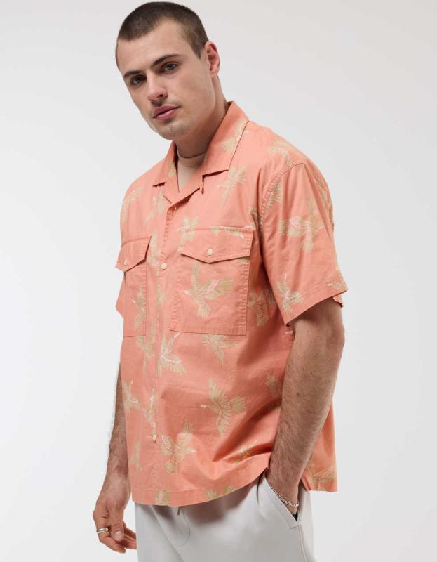 AE 24/7 Stretch Printed Button-Up Poolside Shirt - Coral Sun, S 