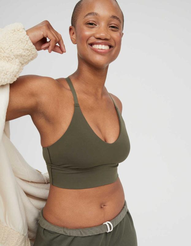 OFFLINE By Aerie Real Me Strappy Back Sports Bra - Olive Daze, S 