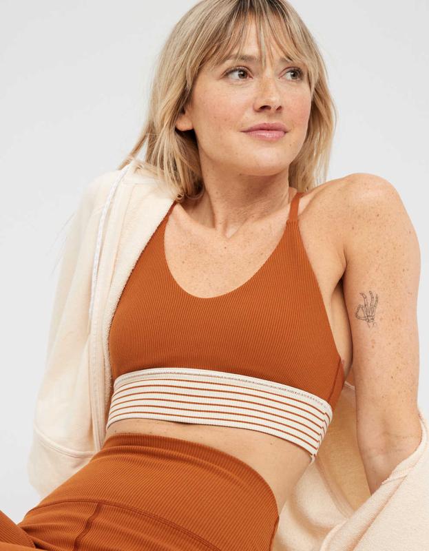 OFFLINE By Aerie Ribbed Scoop Sports Bra - Caramel, S 