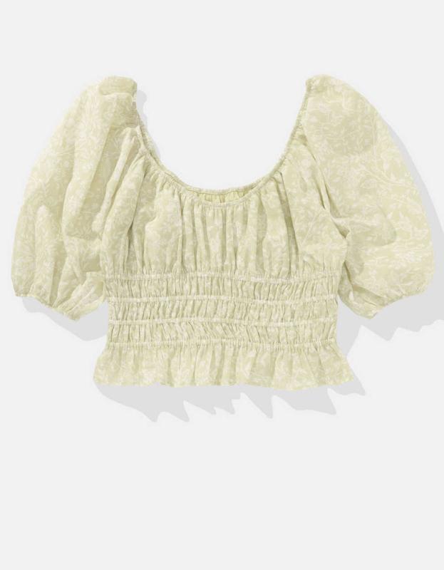 AE Square Neck Smocked Babydoll Blouse - Olive, XS 