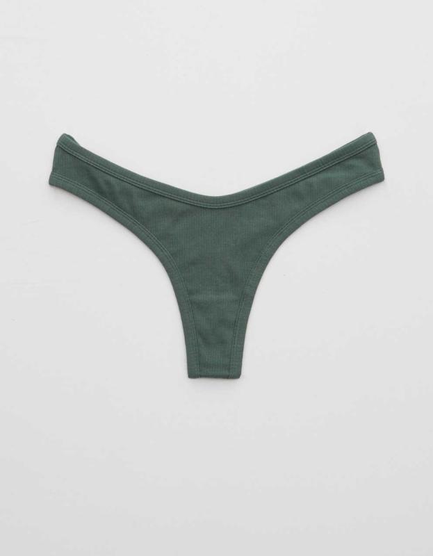 Aerie Ribbed Cotton High Cut Thong Underwear - Gatsby Green, S 