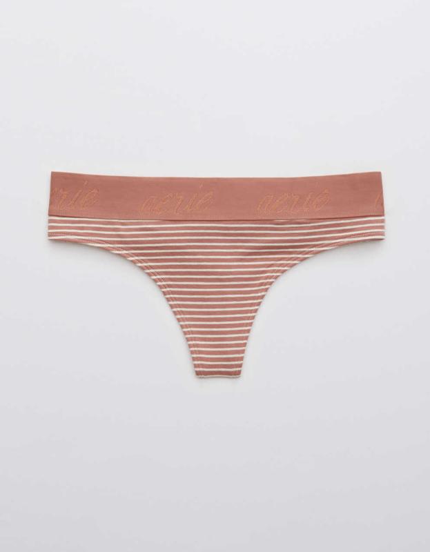 Aerie Cotton Logo Striped Thong Underwear - Meadow Bound, L 