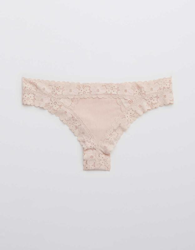 Aerie Ribbed Retro Lace Thong Underwear - Liquid Crystal, XS 