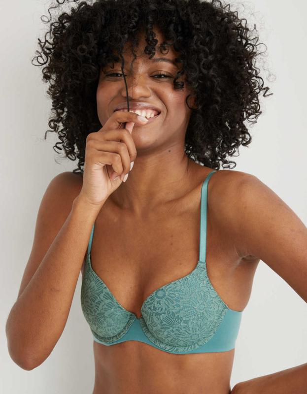Aerie Real Sunnie Demi Push Up Blossom Lace Bra - Gatsby Green, 70D 