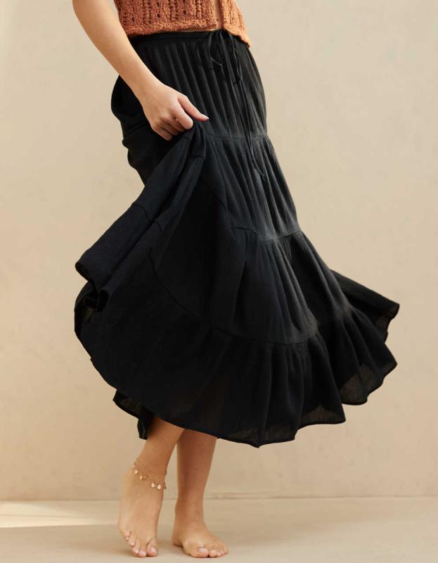 Aerie Beach Club Tiered Maxi Skirt - True Black, XXS 