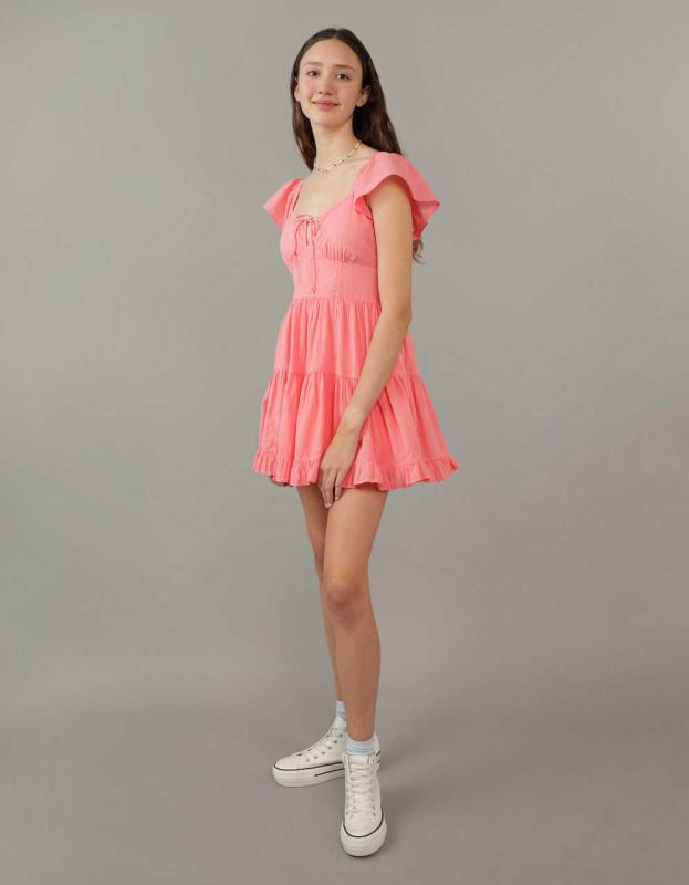 AE Flutter Sleeve Mini Dress - Coral, L 