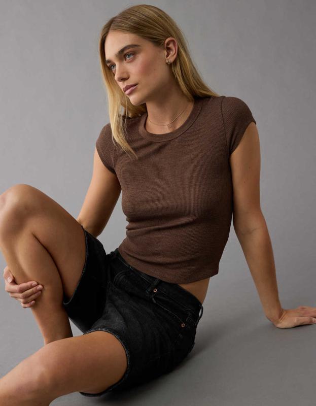 AE Hey Baby Waffle T-Shirt - Brown, S 