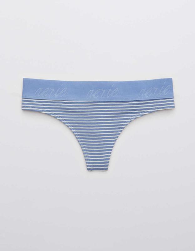 Aerie Cotton Logo Striped Thong Underwear - Coast, L 