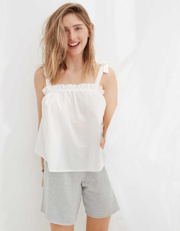 Aerie Woven Tie Shoulder Tank Top - White, XXS 