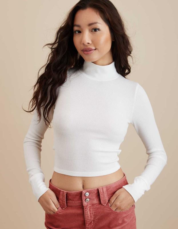 AE Long-Sleeve Cropped Hey Baby Mock Neck Tee - White, XS 