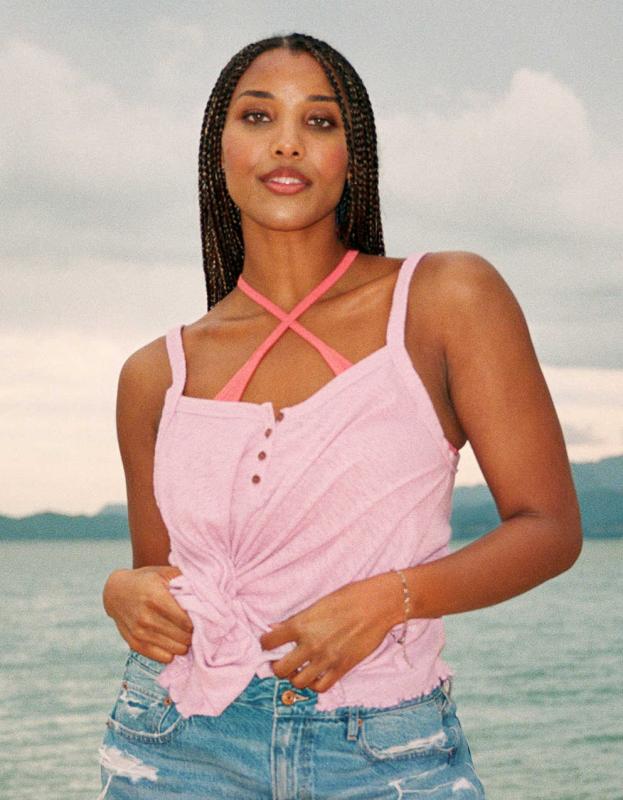 AE Textured Henley Tank Top - Icy Lavender, L 