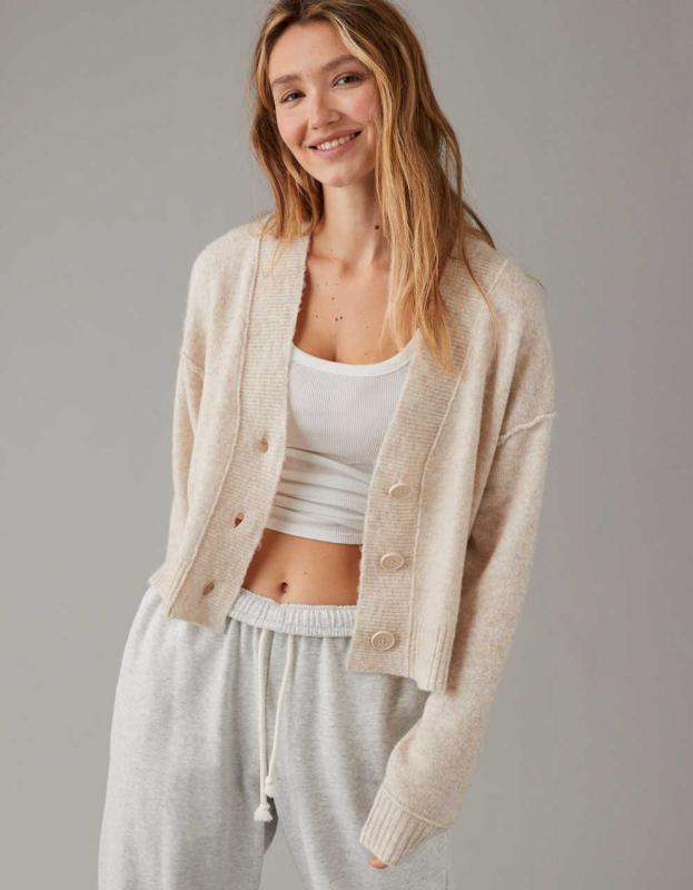 AE Whoa So Soft Cropped Button-Front Cardigan - Tan, XXS 