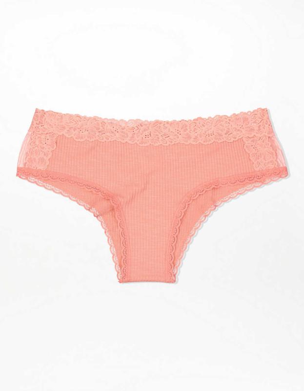 Aerie Ribbed Holiday Best Lace Cheeky Underwear - Rose, XS 