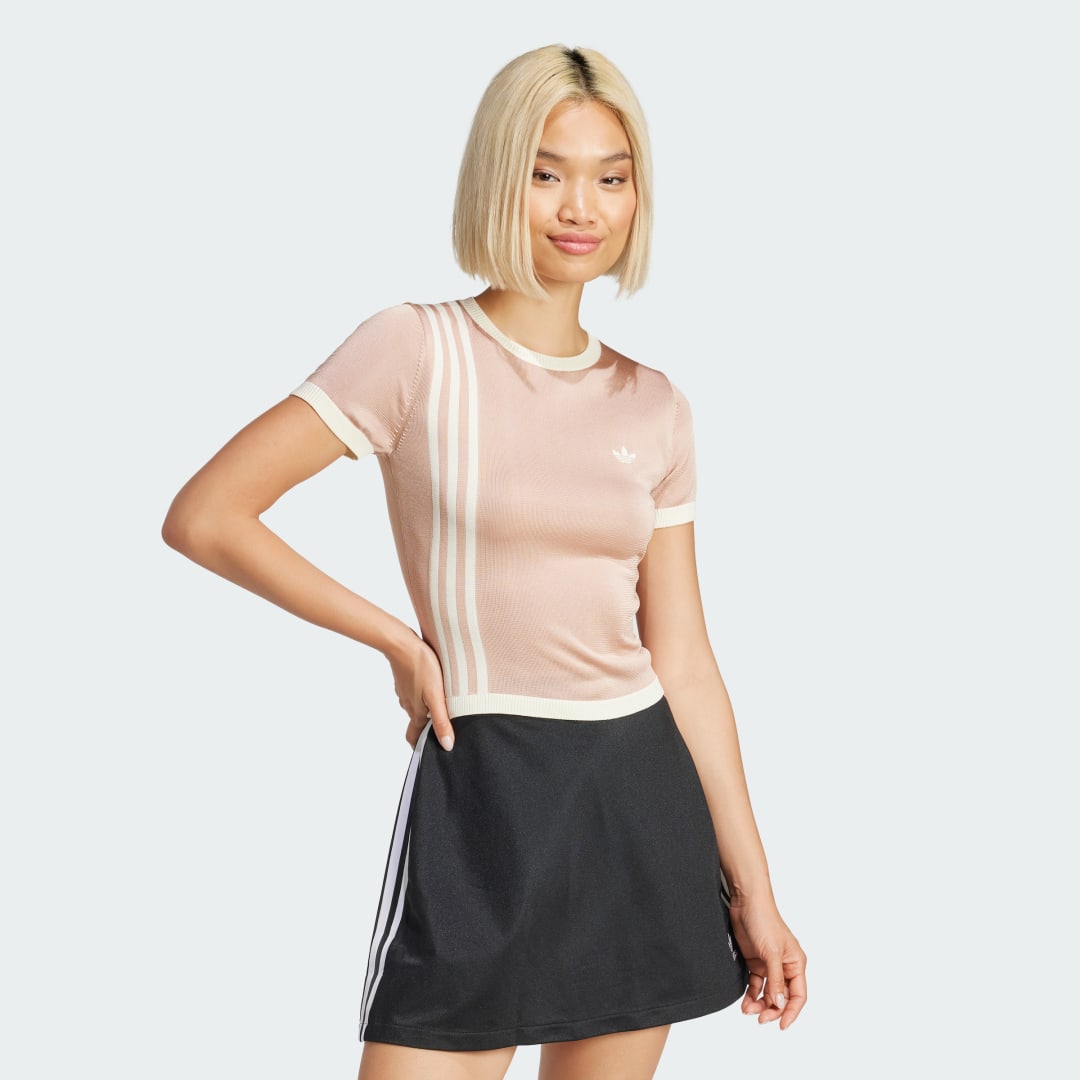 adidas Knitted 3-Stripes Short Tee Lifestyle XS Women Ash Pearl
