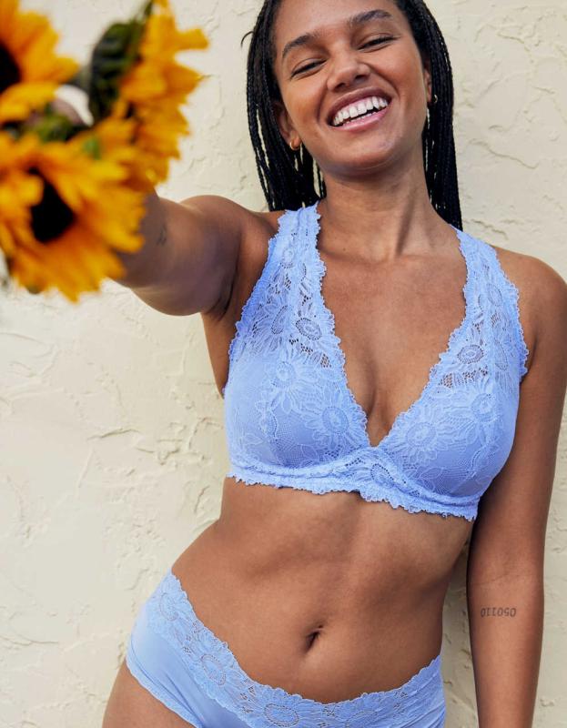 Aerie Real Power Wireless Push Up Sunflower Lace Bra - Fresh Water, 75A 