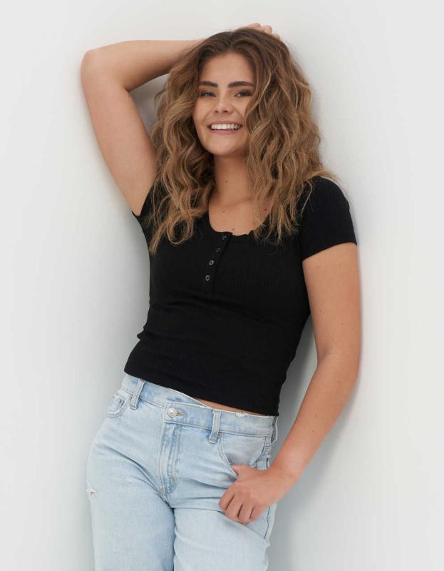 AE Scoop Neck Henley Tee - True Black, XXS 