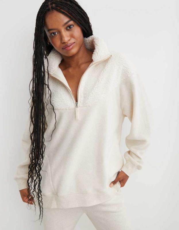 Aerie Hometown Holiday Quarter Zip Sweatshirt - Heather Frost, XXS 