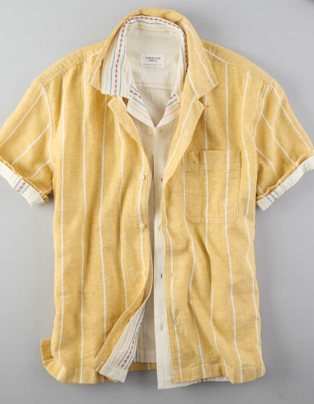AE Striped Button-Up Poolside Shirt - Yellow, L 