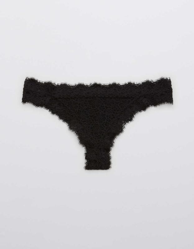 Aerie Eyelash Lace Thong Underwear - True Black, XS 