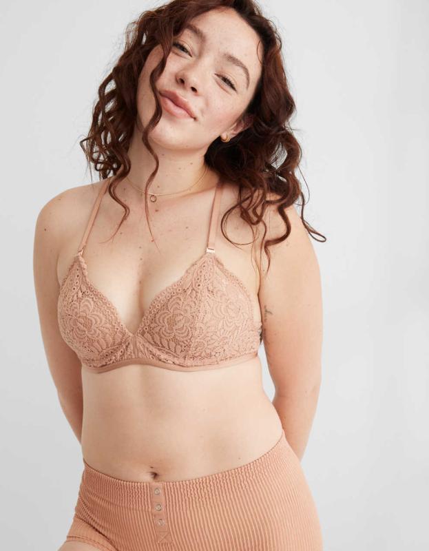 Aerie Real Power Wireless Push Up Far Out Lace Bra - Raw Sienna, 75C 