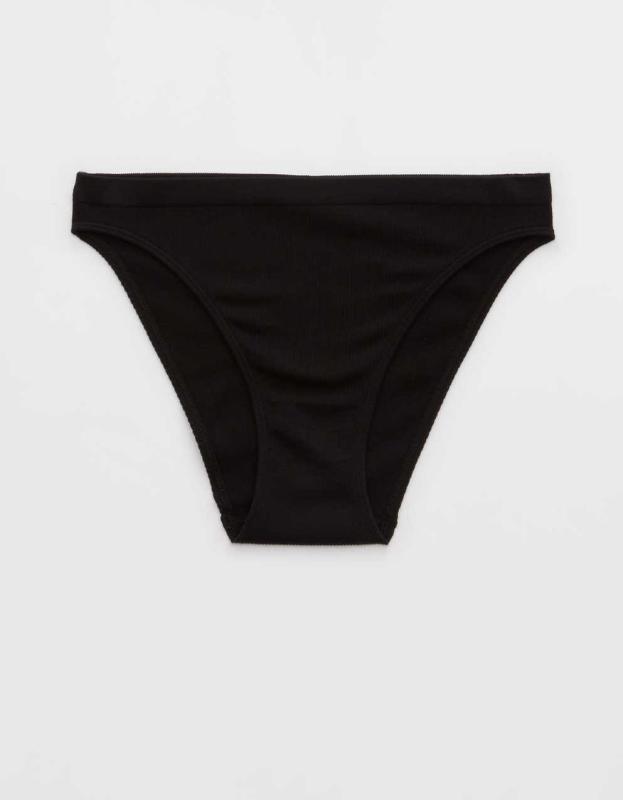 Superchill Seamless Ribbed High Cut Bikini Underwear - True Black, M 