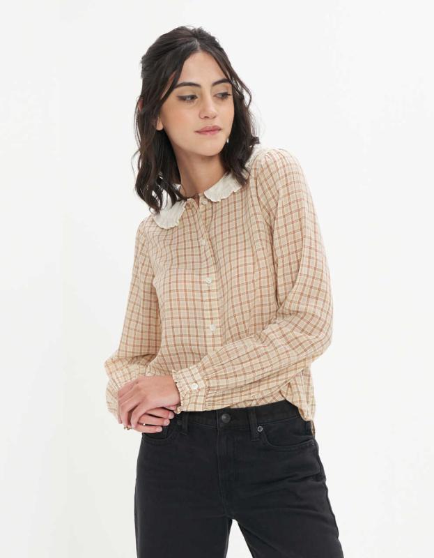 AE Long-Sleeve Ruffle Collar Button-Up Shirt - Light Brown, XXS 