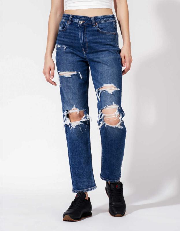 AE Stretch Ripped Mom Straight Jean - Deep Navy, 00 