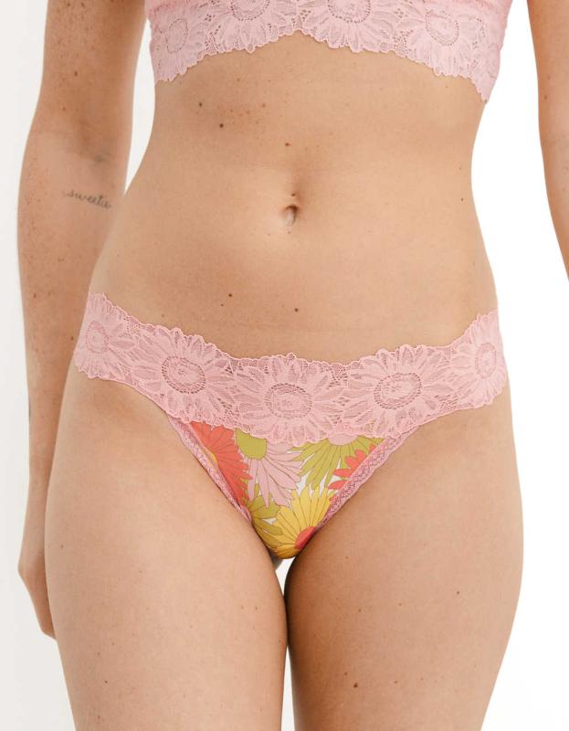 Aerie Shine Sunflower Lace Thong Underwear - Quartz Pink, L 