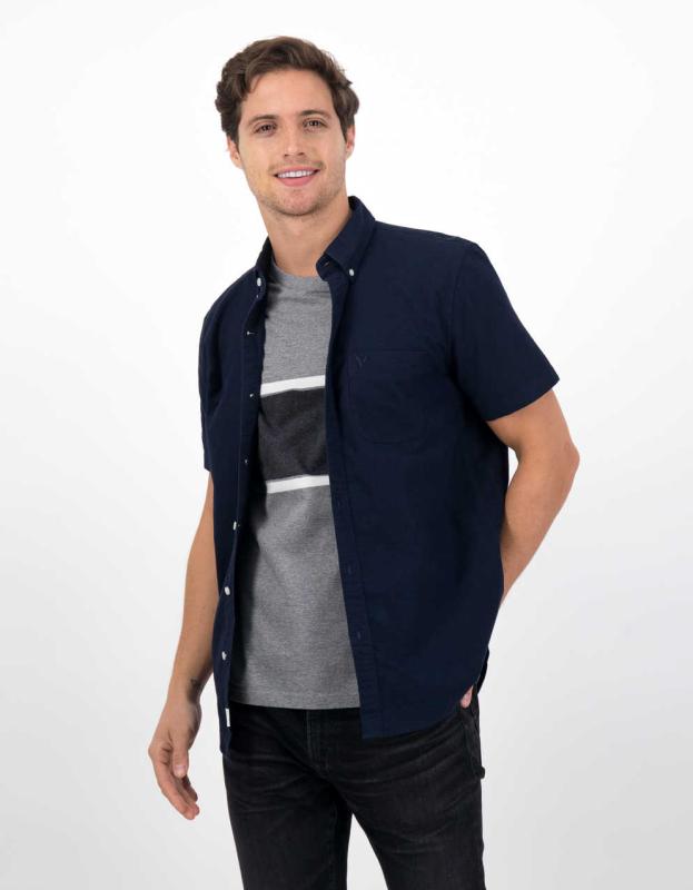 AE Oxford Short-Sleeve Button-Up Shirt - Navy, M 