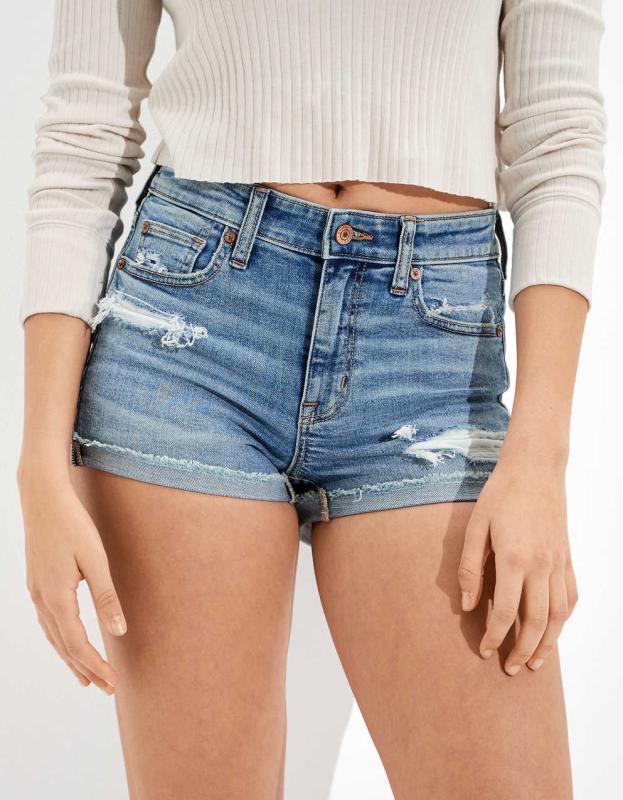 AE Stretch High-Waisted Denim Short Short - Medium Bright Indigo, 8 